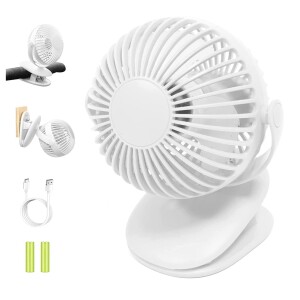 Rechargeable Clip Fan, Portable Fans, USB Desktop Fan, 3 Speed, Quiet Household Table Fans with light,White