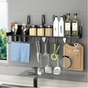 Spice Rack with 12 Removable Hooks,Floating Shelves Wall Mounted Holder wiht Towel Bar Heavy Duty,Storage Shelf