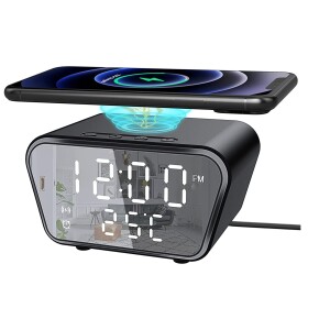 Digital Alarm Clock with Wireless Charging,Smart Desk Small Clock with 3 Alarms, 4 Brightness, LED Display