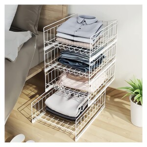 Closet Storage Basket Stackable - White Folding Storage Bins Carbon Steel Push-pull Clothes Organizer Shelf (4 Tier)