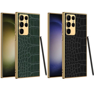 (Pack of 2)YOMNA PU Leather Case Aligator Crocodile Pattern, Slim Plating Case Shockproof With Camera Protection Compatible For Samsung Galaxy S23 Ultra-(Black/Army Green)