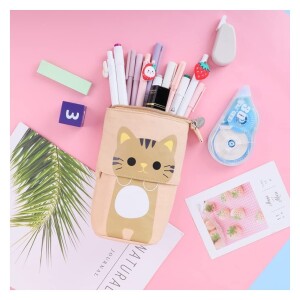 Telescopic Stand Up Pencil Case Box Transformer Stand Store Pencil Holder Cute Cartoon Standing Pen Pouch Dual-Use Canvas Storage Stationery Bags