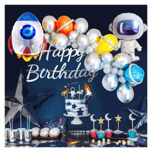 Outer Space Birthday Party Supplies Set,Blue Astronaut Spaceship Rockets Foil Balloon,Happy Birthday Banner,Space Star & Moon Cake Topper