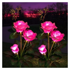 2 Pack Outdoor Solar Garden Stake Lights,Upgraded LED Solar Powered Light with 3 Rose Flowers, Waterproof Solar Decorative Lights for Patio Pathway Courtyard Garden Lawn Pink