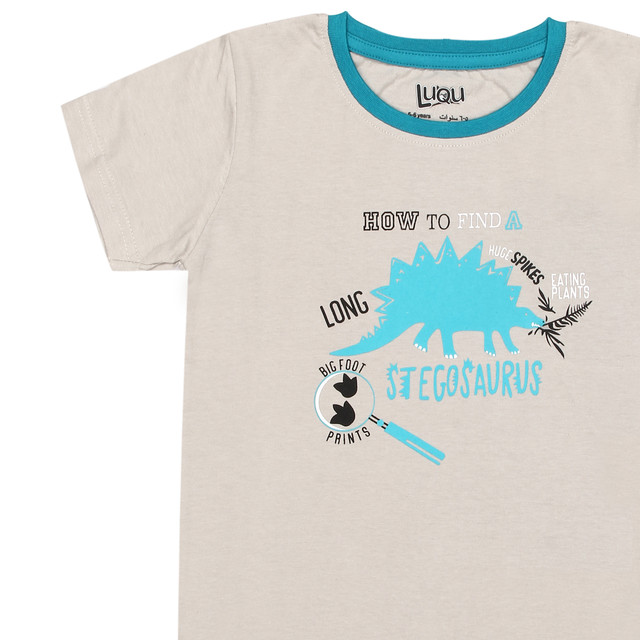 Luqu 2 Piece Toddler Kids Cotton Pyjama Set Sleepwear, Short Sleeve T-Shirt, Grey Stegosaurus