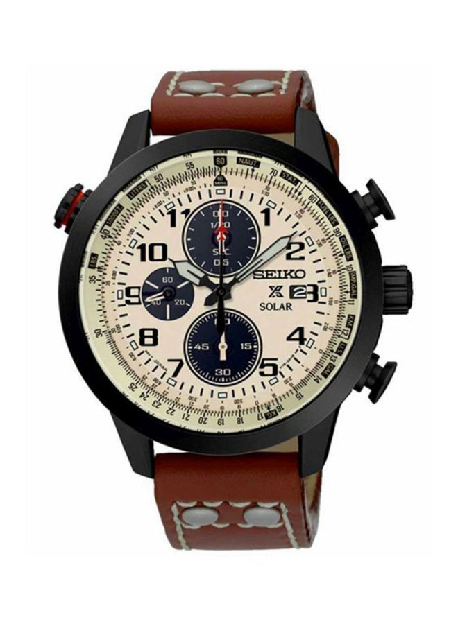 Men's Round Shape Leather Band Chronograph Wrist Watch - Brown - SSC425P1