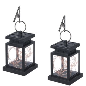2-Piece Solar Powered Outdoor Hanging Lantern Light With Clip Set Black/Clear