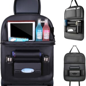 Leather Car Seat Back Storage Bag with Foldable Table Tray