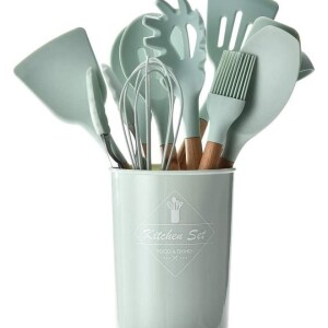 12-Piece Heat Resistant Non-Stick Silicone Cooking Utensil Set Green/Brown One Size