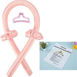 No Heat Silk Curling Ribbon Hair Curler Headband with Claw Clip Pink