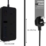 Universal Power Strip 6-USB 3-Power Socket with 2M Wall Plug Surge Protection Black 18x10x3cm