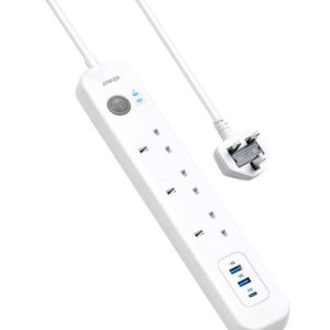 Extension Lead with 1 Power Delivery 18W USB-C Port, 2 PowerIQ USB Ports, and 3 AC Outlets, Power Strip with USB Charging and Surge Protection White