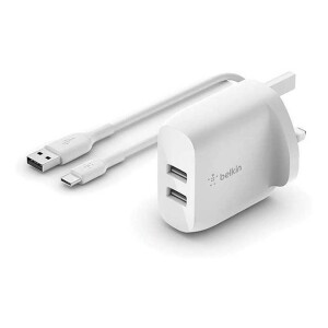 Dual USB-A Wall Charger 24W With USB-A to USB-C Cable 1m White