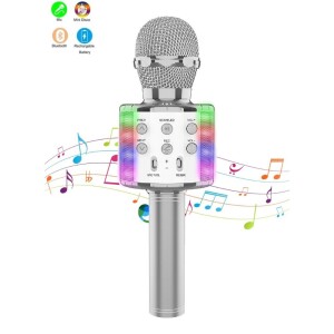 858L Portable Handheld Wireless Karaoke Microphone Bluetooth Speaker With Disco Lights Silver