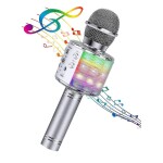 858L Portable Handheld Wireless Karaoke Microphone Bluetooth Speaker With Disco Lights Silver